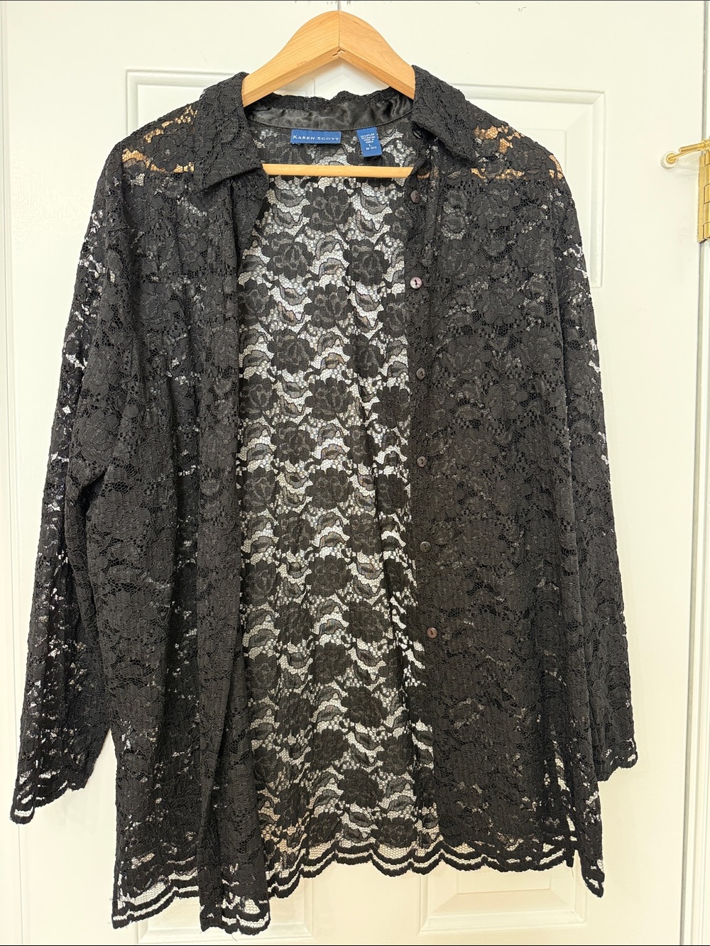 Karen Scott Black Sheer Lace Button-Up Shirt